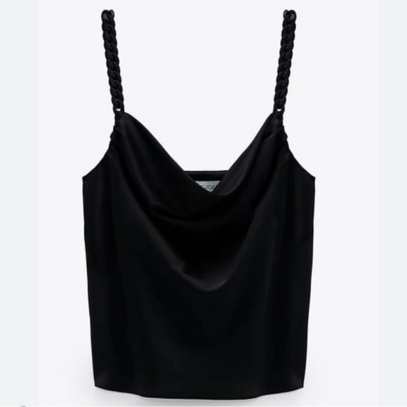 ZARA black satin plunge cowl neck top with beaded straps - Picture 4 of 8